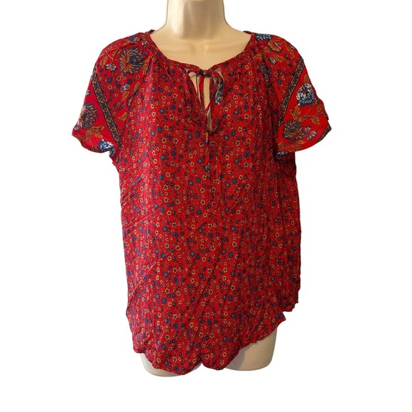 Hapsho Red and Blue Floral Print Cap Sleeve V‎ Neck Top Large Pre-owned - Picture 1 of 7
